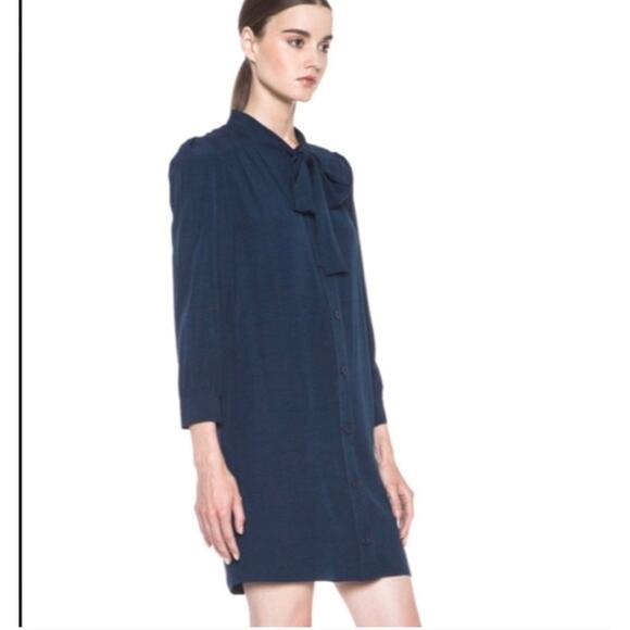 APC Shirt Dress Womens Large Tie Neck Marine Blue French Designer Minimalist - Picture 2 of 13